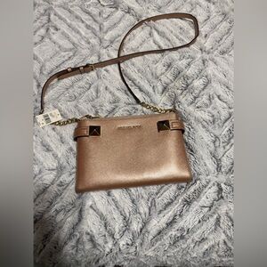 Michael Kors Karla Metallic Leather East West Crossbody Bag Rose Gold NEW!
